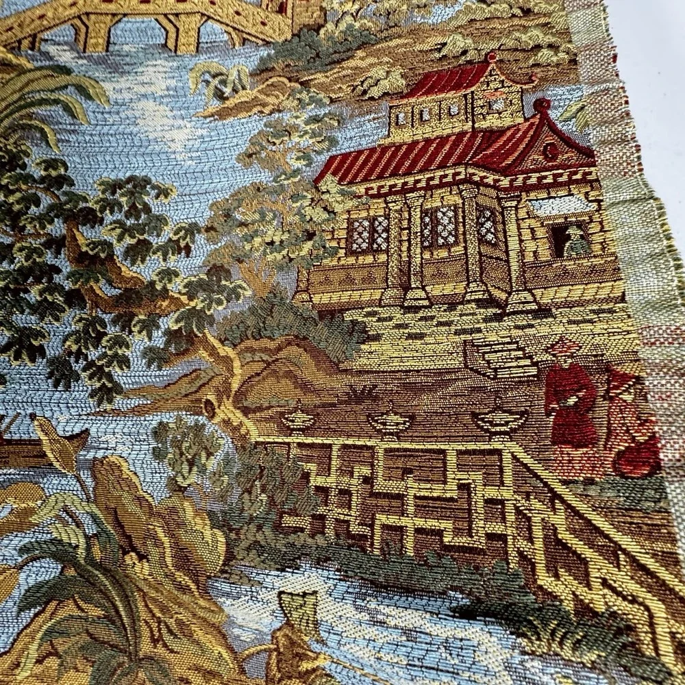 Chinoiserie Asian Scenic Woven Upholstery Fabric Remnant Lot 55